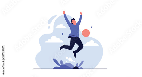 Happy young man jumping high with arms raised in a celebration of success and freedom against a blue sky background.