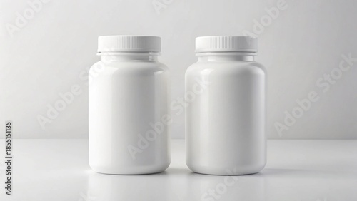 White mockup supplement bottle duo, identical shapes, blank surfaces, branding comparison