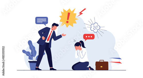 Angry male boss yelling at a stressed female employee who is kneeling and crying in a toxic office work environment.