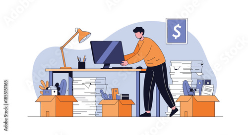 Male employee packing his computer and office supplies into cardboard boxes after being fired or quitting his job.