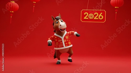 A cheerful 3d cartoon horse mascot, wearing a traditional red chinese jacket, joyfully dances in a festive red studio setting celebrating the lunar new year 2026.