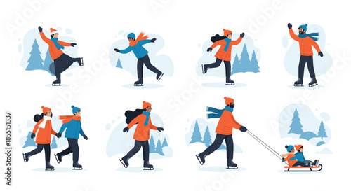 Various characters enjoying winter outdoor activities including ice skating and pulling children on a sled in the snow.