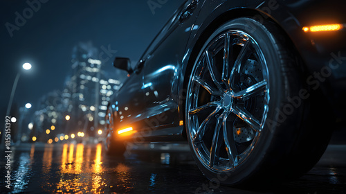 A car with its headlights on is parked on a wet street
