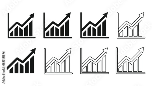 Collection of black and white upward trending graph icons and symbols