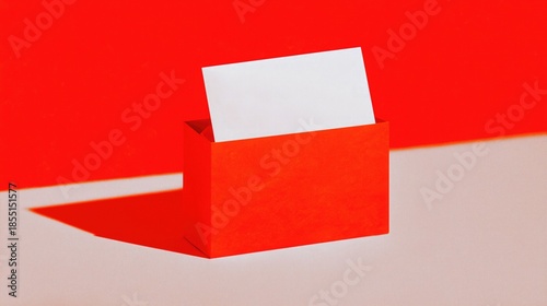 Red box with blank white card, set on beige surface against bold red background—minimal geometric design with distinct shadow, modern stationery holder for note or message.