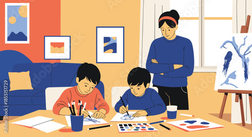 Two young boys focused on their paintings at a desk while a female art teacher or mother watches them in a classroom.