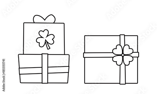 Set of gift box with clover decoration outline.
St. Patrick's day gift box children's coloring pages and templates.
White background.