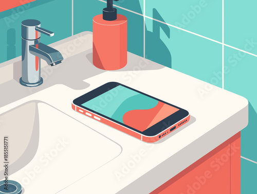 Phone left in bathroom with modern design and bright colors