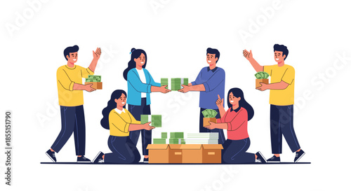 Group of diverse people sharing and donating stacks of cash from cardboard boxes to help their community and network.