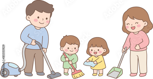 Cartoon family cleaning together, vacuuming, sweeping, wiping, dustpan, teamwork, household chores, cheerful cooperation, parenting, hygiene, indoor scene