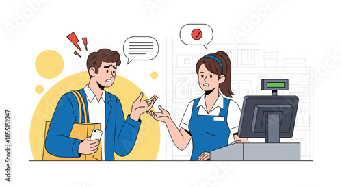 Angry male customer with a shopping bag arguing with a confused and stressed female cashier at a store checkout counter.