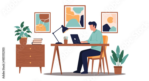 Professional man working on a laptop at a stylish home office desk with indoor plants and abstract paintings on the wall.