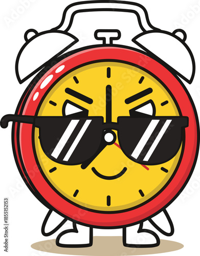 Cool alarm clock cartoon character illustration, funny time management mascot, playful morning reminder, flat vector artwork design for kids branding