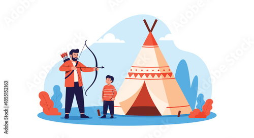 Father teaching his young son archery with a bow and arrow while camping next to a traditional teepee tent outdoors.