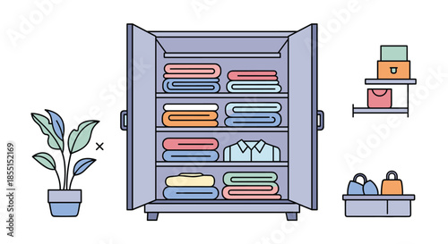 Perfectly organized wardrobe with neatly folded colorful clothes on shelves and a shirt hanging next to plants and bags.