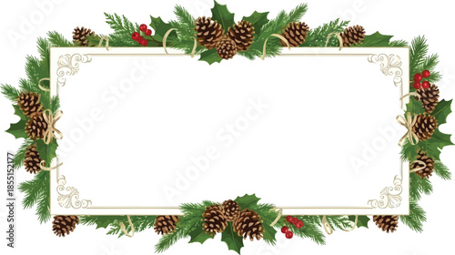 Elegant Christmas Frame with Realistic Pine Branches, Pinecones, Holly Berries, and Gold Accents