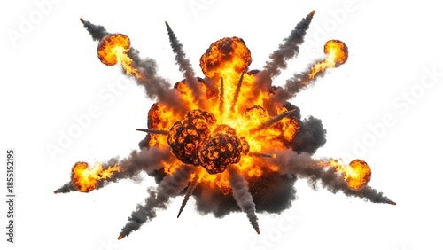 Dramatic explosion with fire and smoke on white background