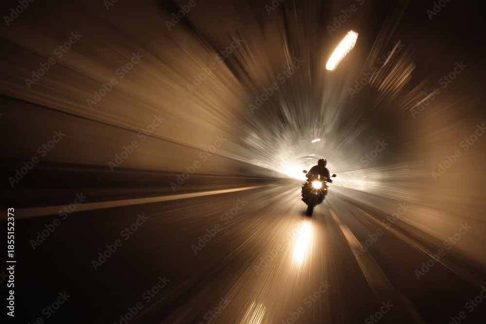 Fototapeta premium Fondo para diseño web de viajes en moto, Imagen para campaña publicitaria de motocicletas, Motociclista conduciendo a través de un túnel con efecto de movimiento