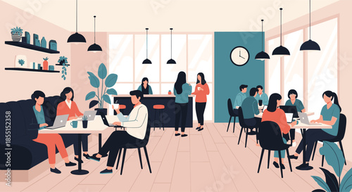 Large group of diverse people working on laptops and networking in a spacious and modern open plan coffee shop.