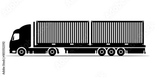 Truck tractor with semi-trailer and containers. Black silhouette. Side view. Vector simple flat graphic illustration. Isolated object on a white background. Isolate.