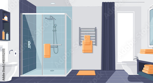 Spacious and modern bathroom interior featuring a glass shower cabin, stylish tiled walls, white toilets, and orange towels.