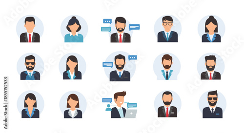Collection of diverse professional avatars featuring various men and women in business attire suitable for corporate profiles.