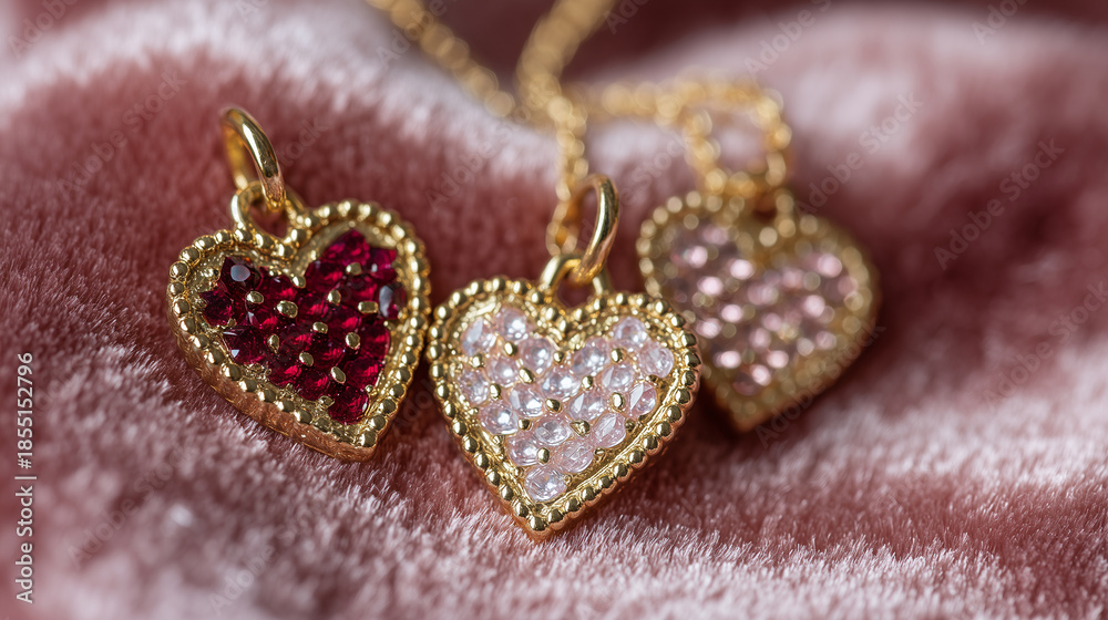 Obraz premium Close-up of small heart-shaped jewelry pieces on soft velvet, pink and red tones, Valentineâs gift concept