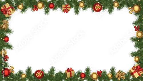 Lush 3D Christmas Frame with Green Pine Needles, Red Ornaments, Gold Balls, and Gift Boxes