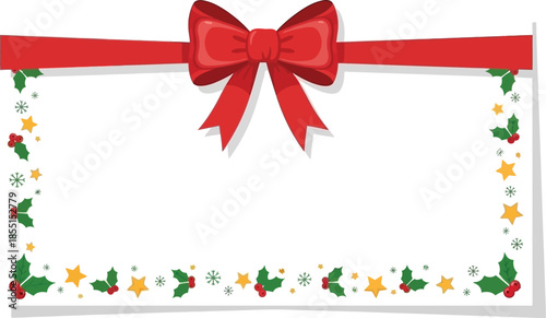 Festive Christmas Card Frame with Large Red Ribbon Bow, Holly Berries, and Golden Stars