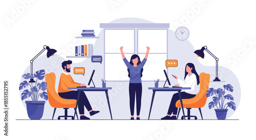 Successful business team celebrating an achievement in a modern office with computers, plants, and colorful chat bubbles.