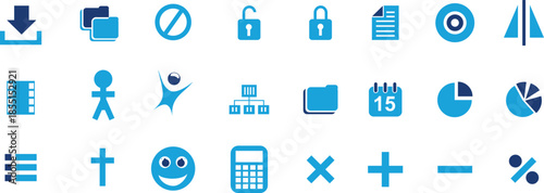 Collection of various blue icons on a white background