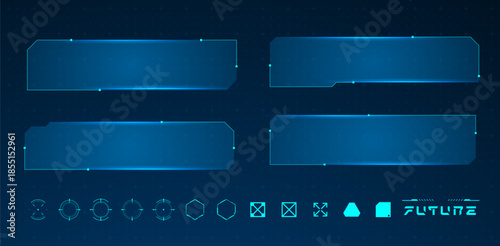Set technology box or futuristic callout title banner and digital frame boxes. HUD screen or textbook blue vector