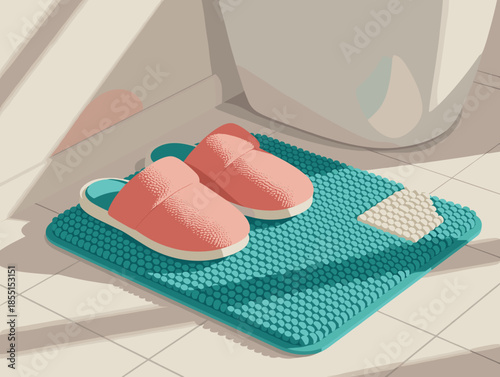 Slippers near bathroom mat with bright colors and cozy design