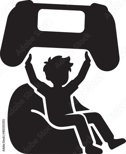 Boy sitting in bean bag chair holding large video game controller icon vector gaming illustration
