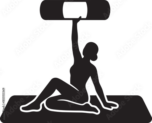Fitness woman silhouette performing yoga exercise on mat while lifting weights gym background