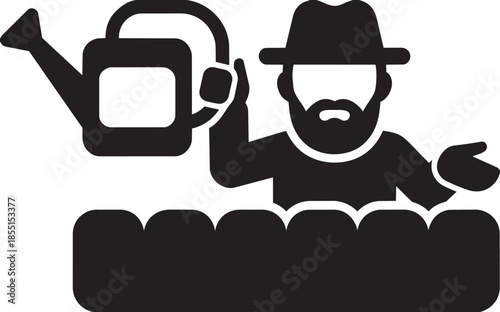 Gardener with watering can tending to plants in a garden bed wearing a hat