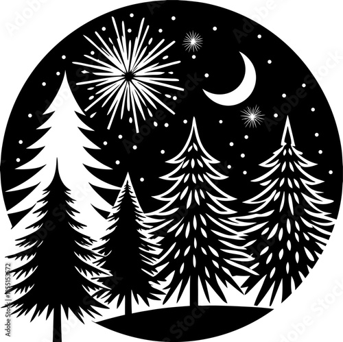 Silhouette of Pine Trees Under Large Moon and Night Sky – Minimal Winter Forest Scene