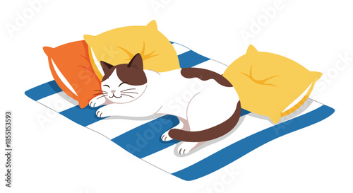 Cozy illustration depicts a brown and white cat sleeping peacefully on a blue striped mat surrounded by pillows.