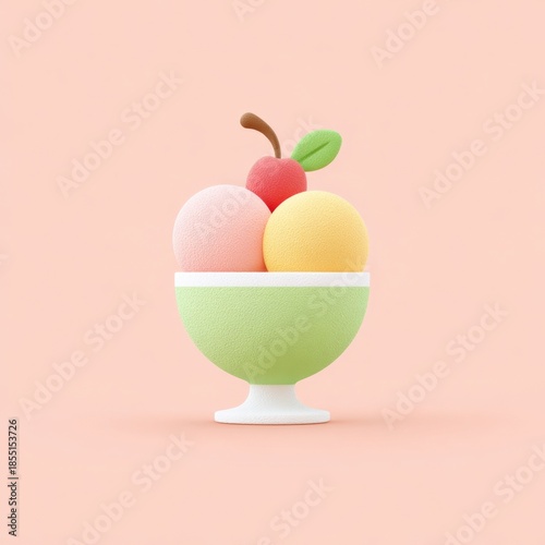 Pastel ice cream sundae in soft tones, three scoops with cherry and leaf, minimal style, green bowl, playful and cheerful dessert illustration
