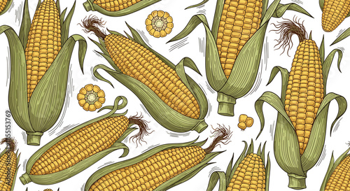Classic botanical seamless pattern showcases detailed illustrations of fresh corn cobs still wrapped in green husks.