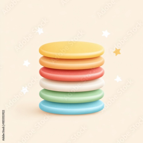 Pastel pancake stack icon with soft tones, playful mood, minimal style, colorful layers, and whimsical star accents, perfect for digital design or children themes
