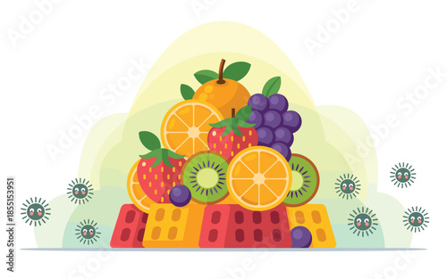 Vibrant fruit pile with colorful healthy food and virus protection