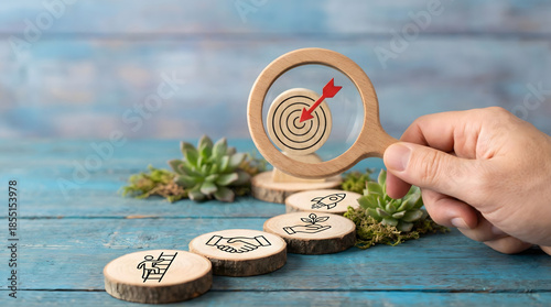 Hand holding magnifier over wooden steps with business icons,concept of analyzing the path to success,strategic career planning,visualizing development goals and future targets