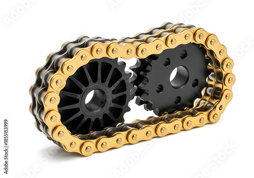 Gold drive chain and black sprockets isolated on white background