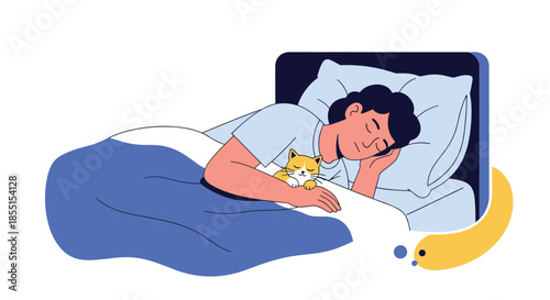 Man sleeping peacefully in bed with his small kitten on a dark background showing a cozy and restful night scene at home.