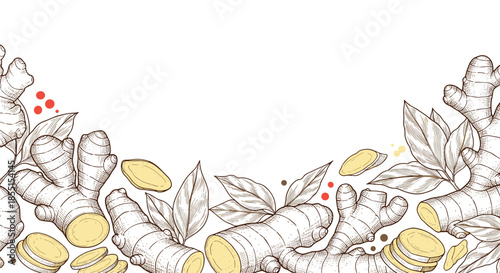 Hand drawn ginger root and slices arranged in a decorative frame on white background for culinary and healthcare concepts.