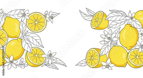 Vibrant yellow lemon fruits and blossoms arranged in a decorative side frame for fresh and citrus themed designs.