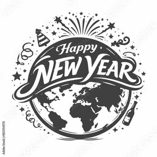 Happy New Year on the world map and roads and towers