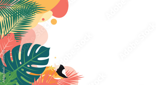 Artistic tropical background with colorful monstera and palm leaves arranged on a white space for summer themes.