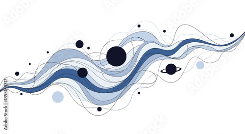 Abstract cosmic wave with planets and moons in shades of blue representing the flow of the universe in deep space.